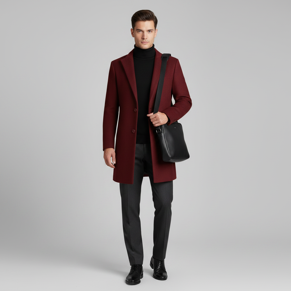 Men's Long Overcoat | Notched Lapel Winter Coat 1